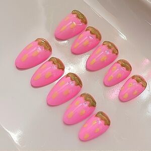 ✨️🎀Strawberry Pink Handmade Press on Nail Art Set Reusable Diy 10pcs Size S